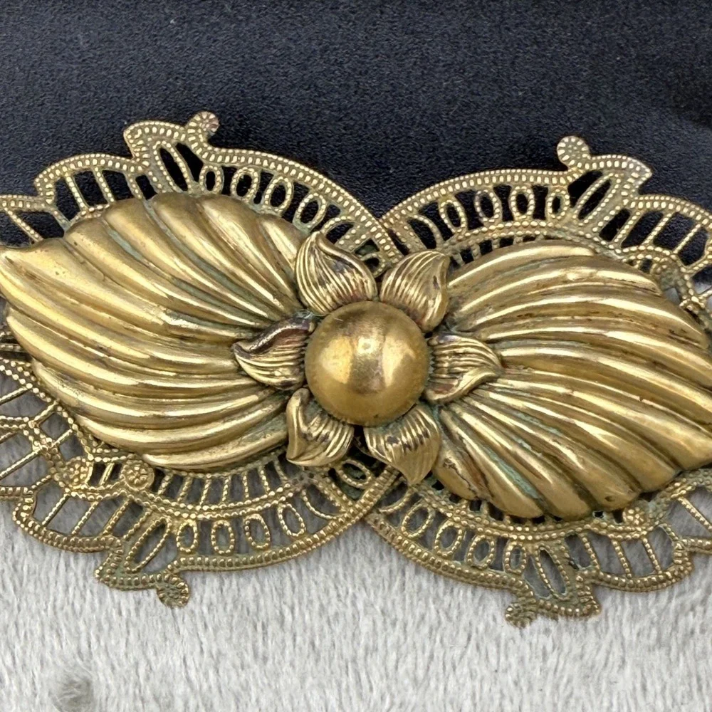 Vintage Estate Brooch Gold Tone Art Deco Flower Bow Filigree Pin 3.5in